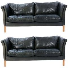 Pair of Danish Flared Armed Settees in Distressed Leather After Borge Mogensen