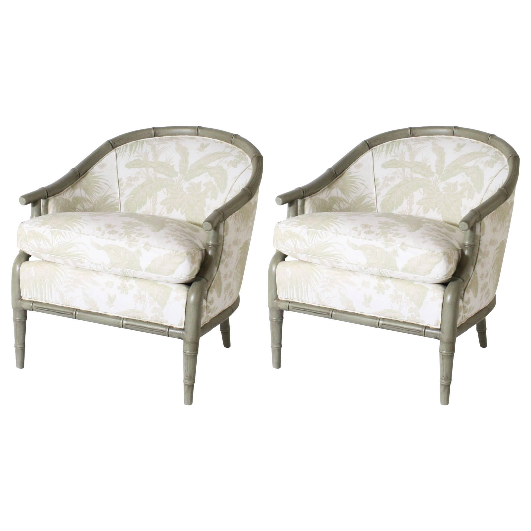 Pair of Faux Bamboo Chairs Upholstered in Jan Showers for Kravet Fabric