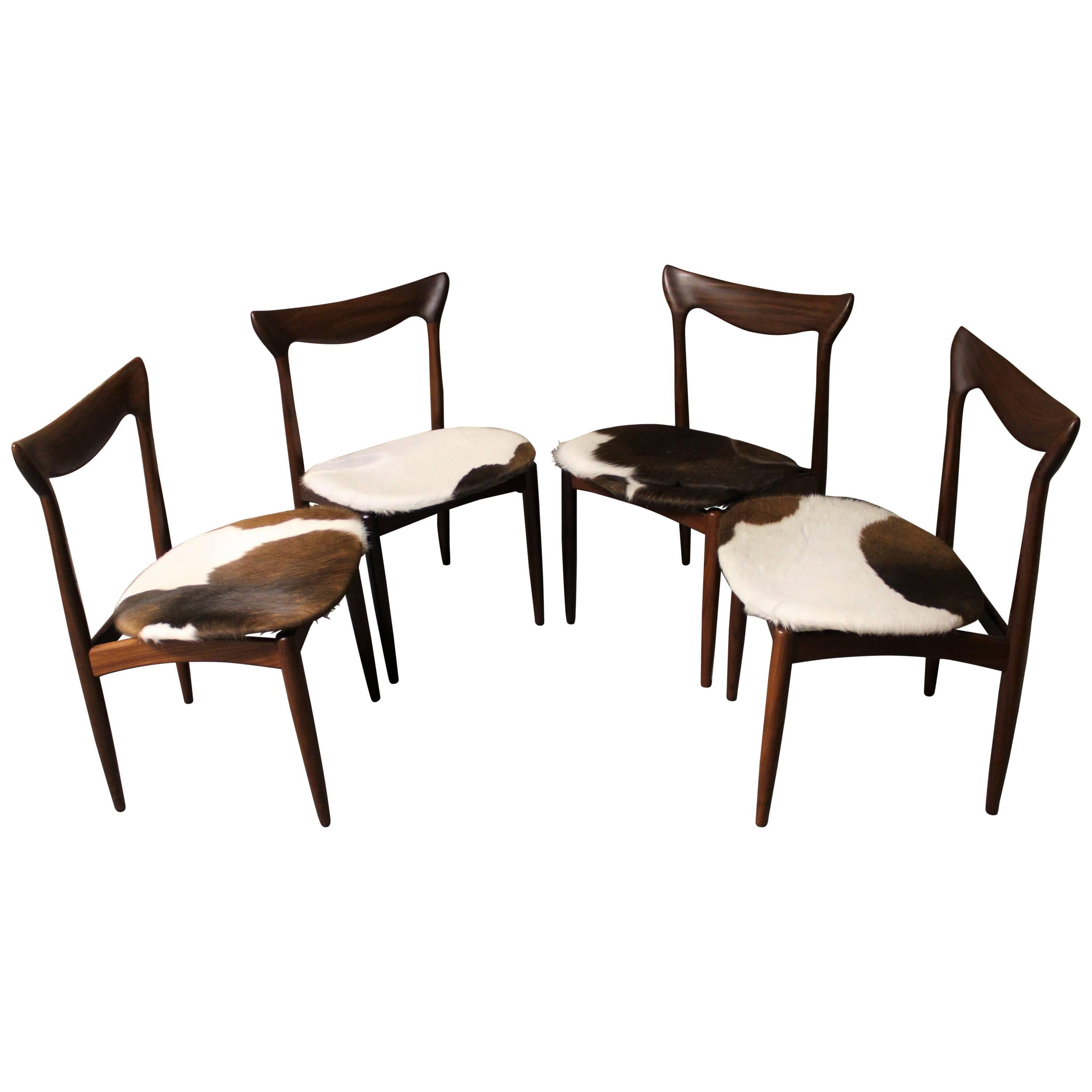 Four H. W. Klein Danish Teak Dining Chairs in Cowhide Upholstery