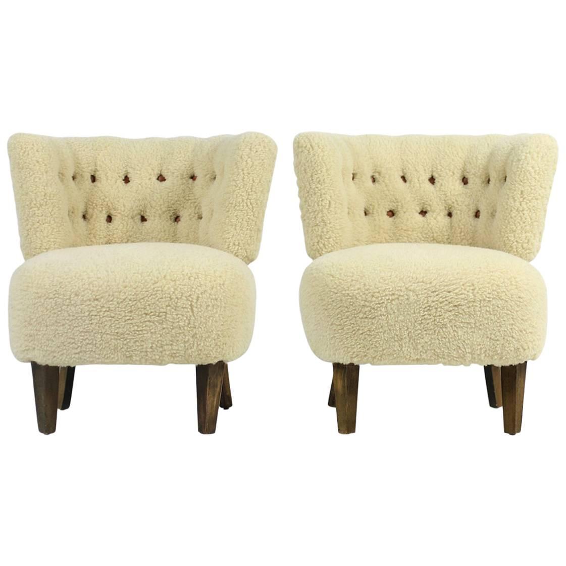 Pair of 1950s Otto Schultz Lounge Chairs Sheepskin & Leather, Mid-Century Modern