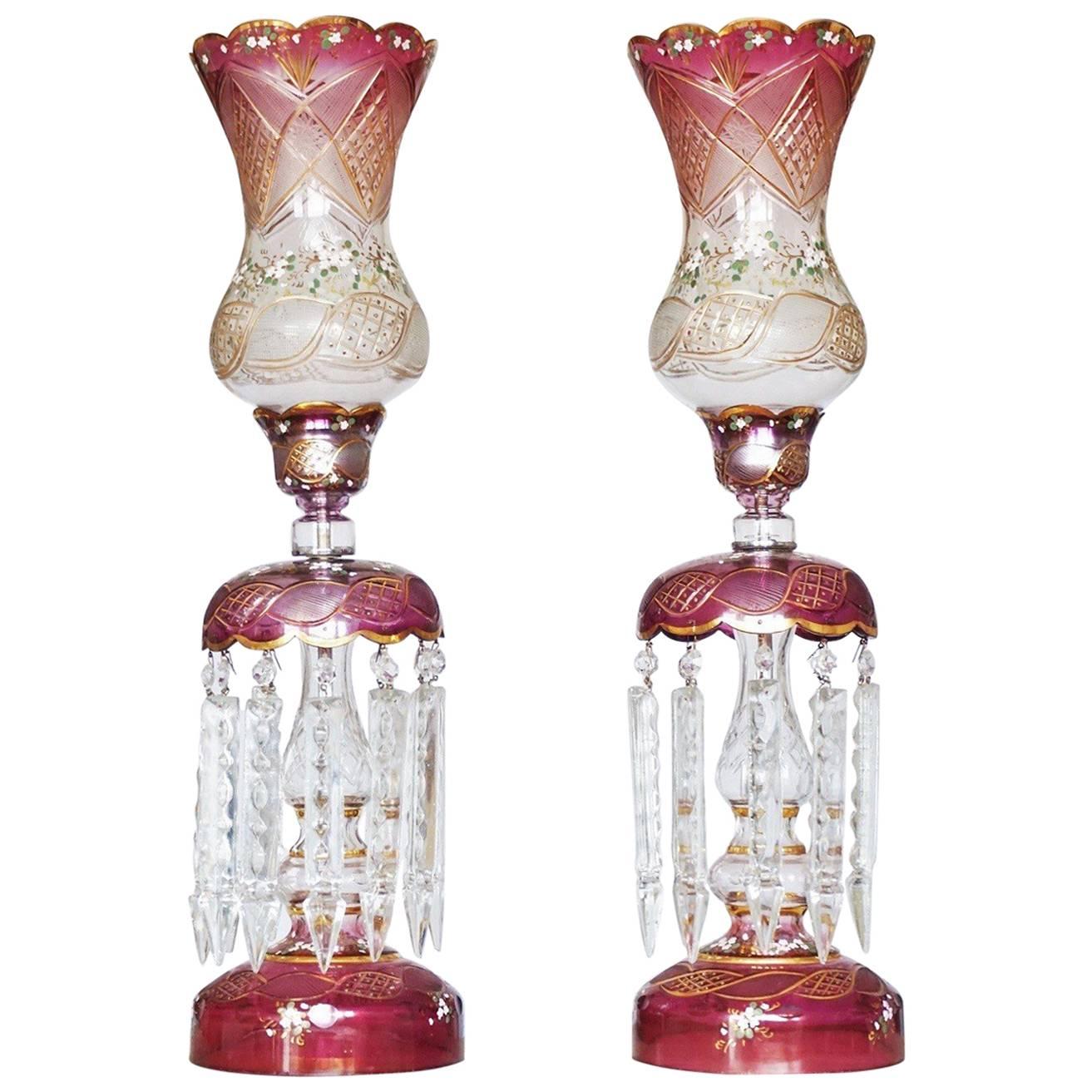 Pair of Bohemian Cranberry Cut-Glass Hand-Painted Lustres Lamps, circa 1920