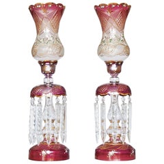 Pair of Bohemian Cranberry Cut-Glass Hand-Painted Lustres Lamps, circa 1920
