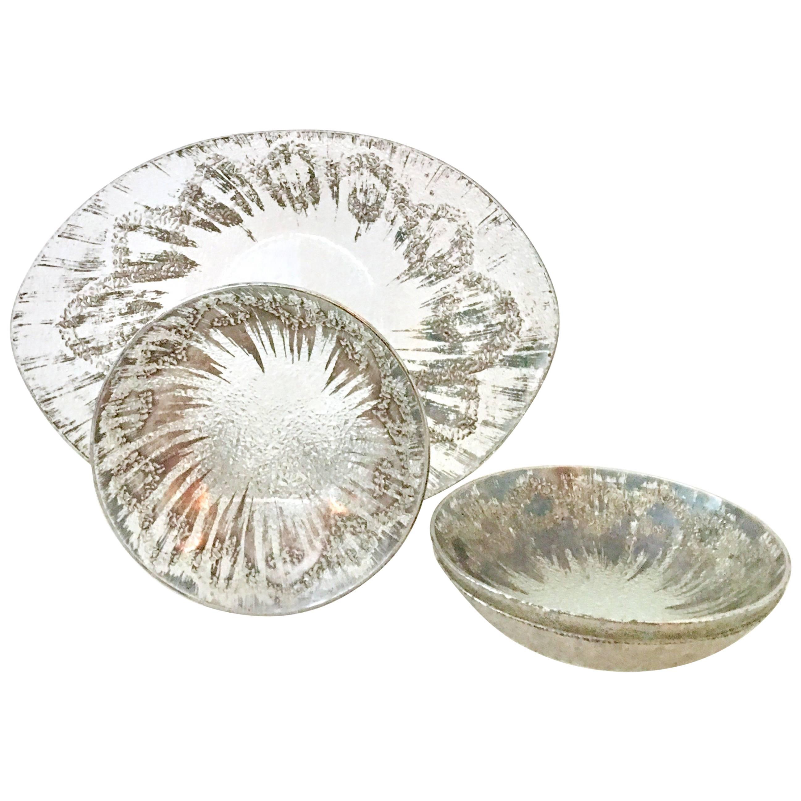 1960'S Sterling Overlay Abstract "Splash" & Textured Glass Serving Pieces S/4 For Sale