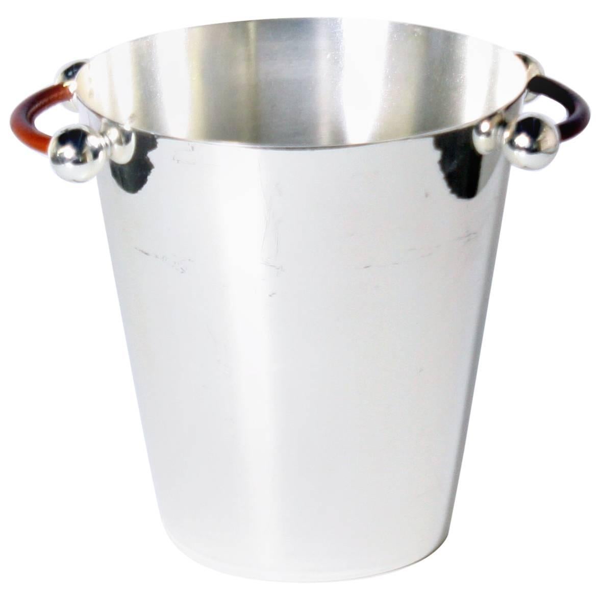 Silver Plated Ice Bucket with Tan Leather Handle, circa 1960 