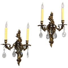 Pair Antique Louis XV Brass and Crystal Wall Sconces