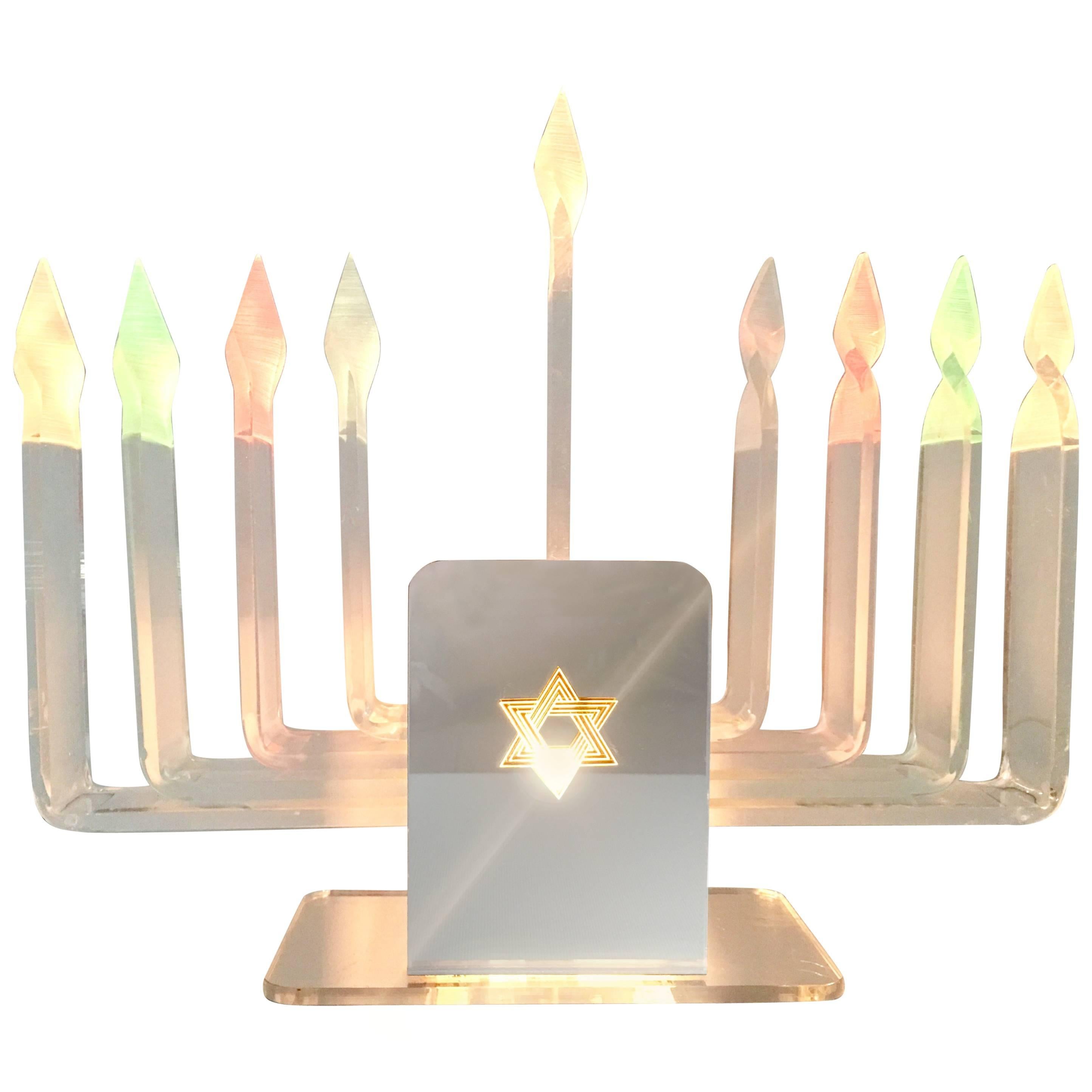 1970'S  Lucite & Mirror Nine-Light Judaica Hanukkah Menorah Table Lamp