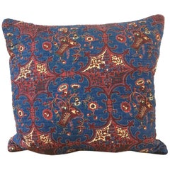 Antique Block Printed with Baskets of Brown Flowers Blue cotton Pillow French c.1809