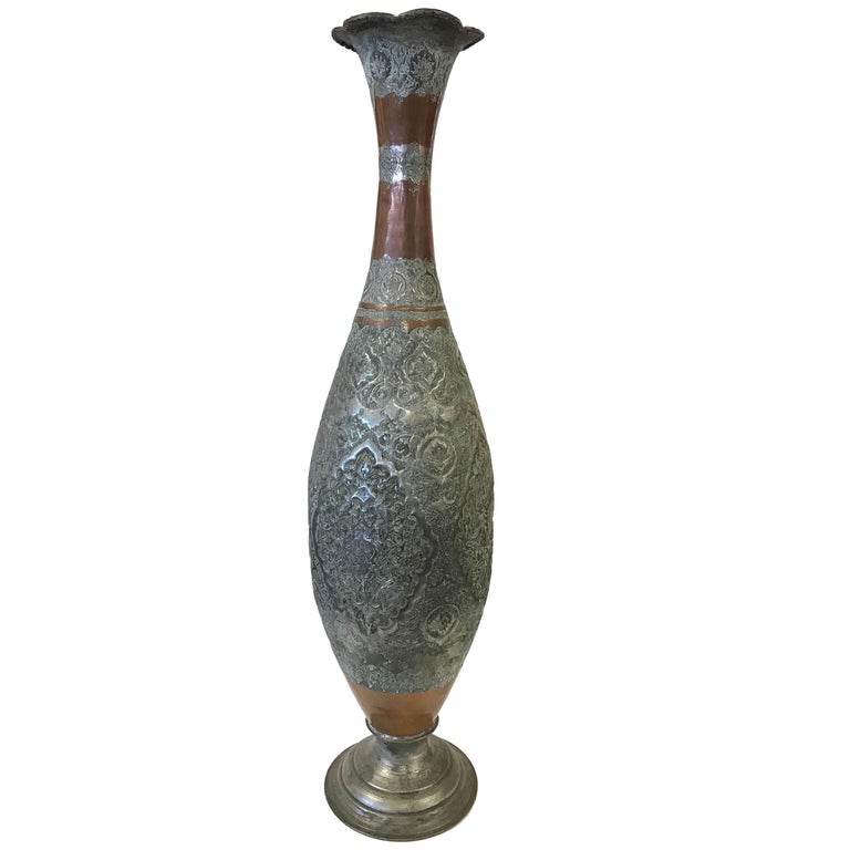 Large Islamic Hammered Copper, Inlaid Brass and Silver Repousse Vase