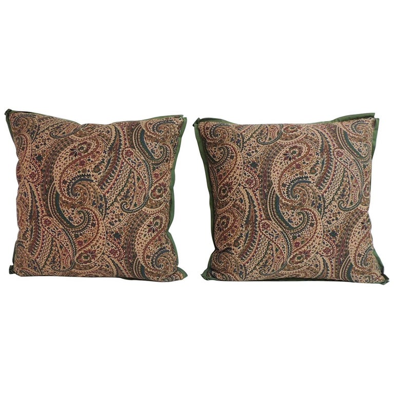 Pair of Vintage Cotton Printed Paisley Decorative Pillows For Sale at