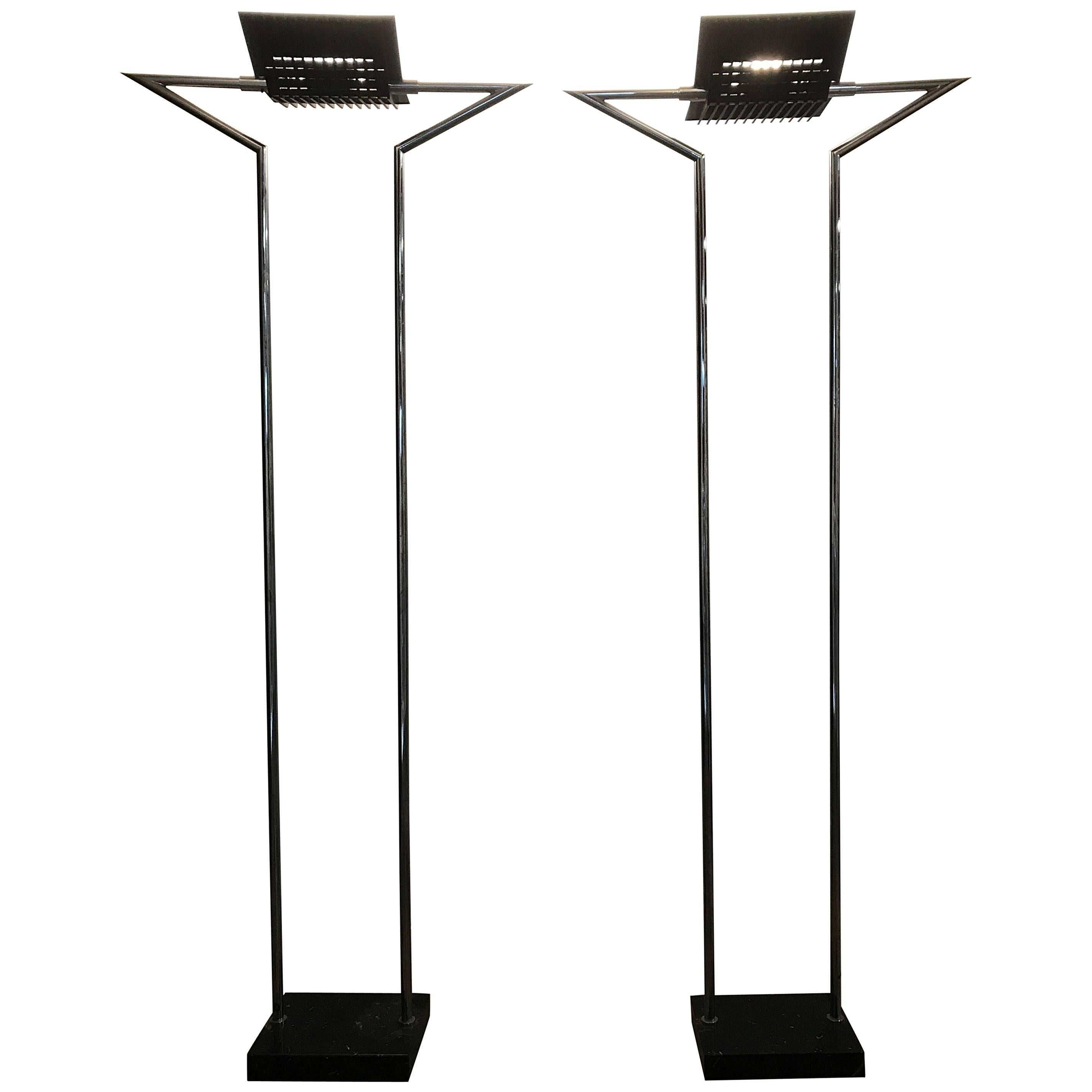Pair of Memphis Style Marble and Chrome Torcheres, Made in Italy