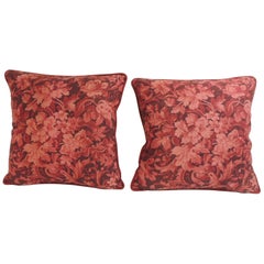 Pair of Vintage Red and Pink French Printed Linen Floral Decorative Pillows