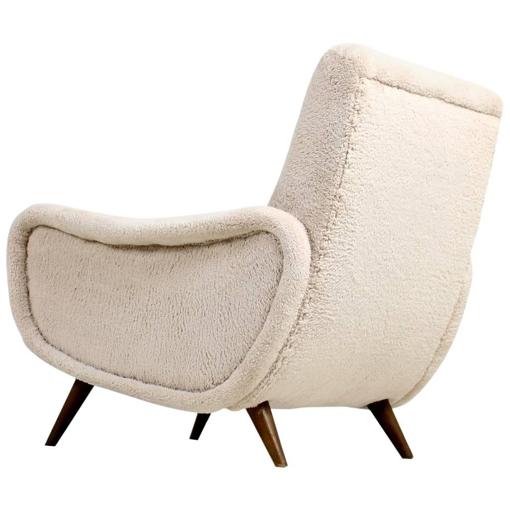 1960s Italian Lounge Chair Faux Teddy Bear Fur Zanuso Style Mid-Century Modern