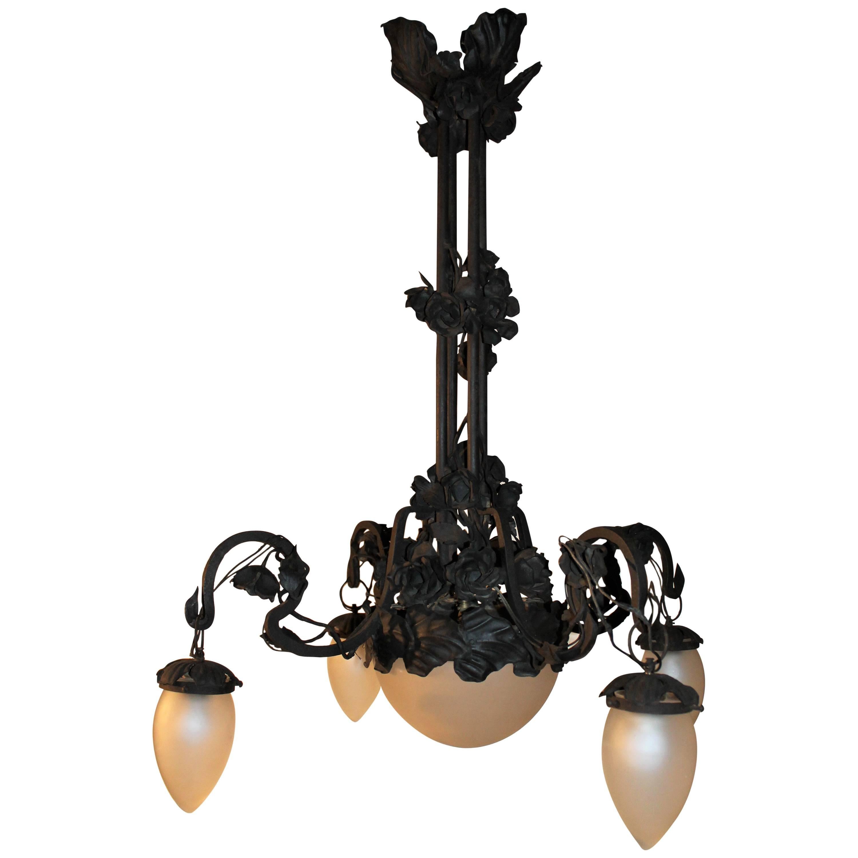 Art Nouveau "Carlo Rizzarda" attr.  Iron Chandelier, circa 1910