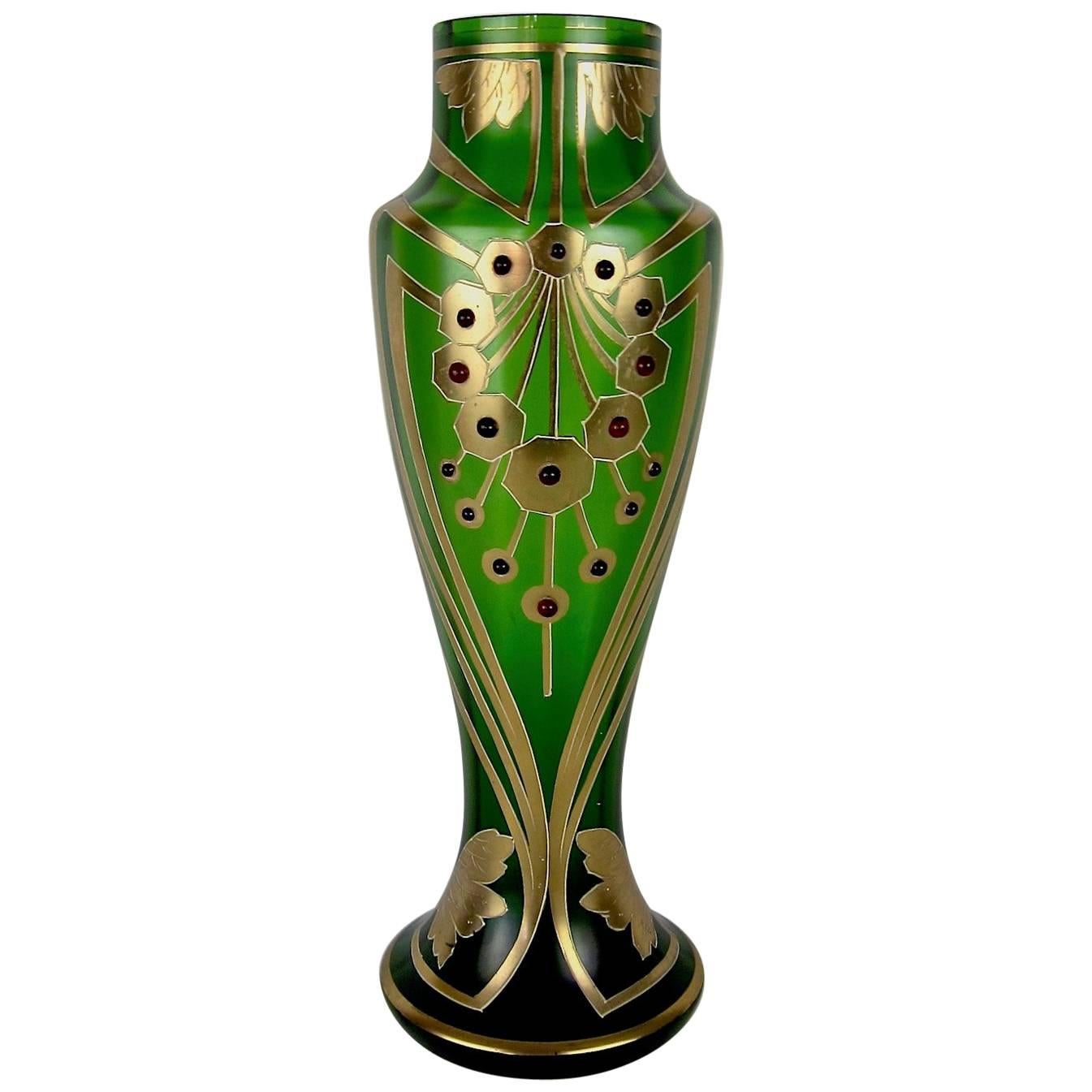 Antique Jeweled and Enameled Secessionist Green and Gold Glass Vase 