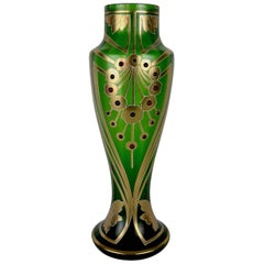 Antique Jeweled and Enameled Secessionist Green and Gold Glass Vase 