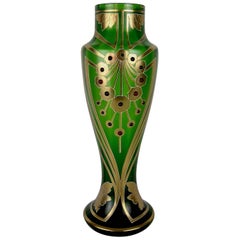 Antique Jeweled and Enameled Secessionist Green and Gold Glass Vase