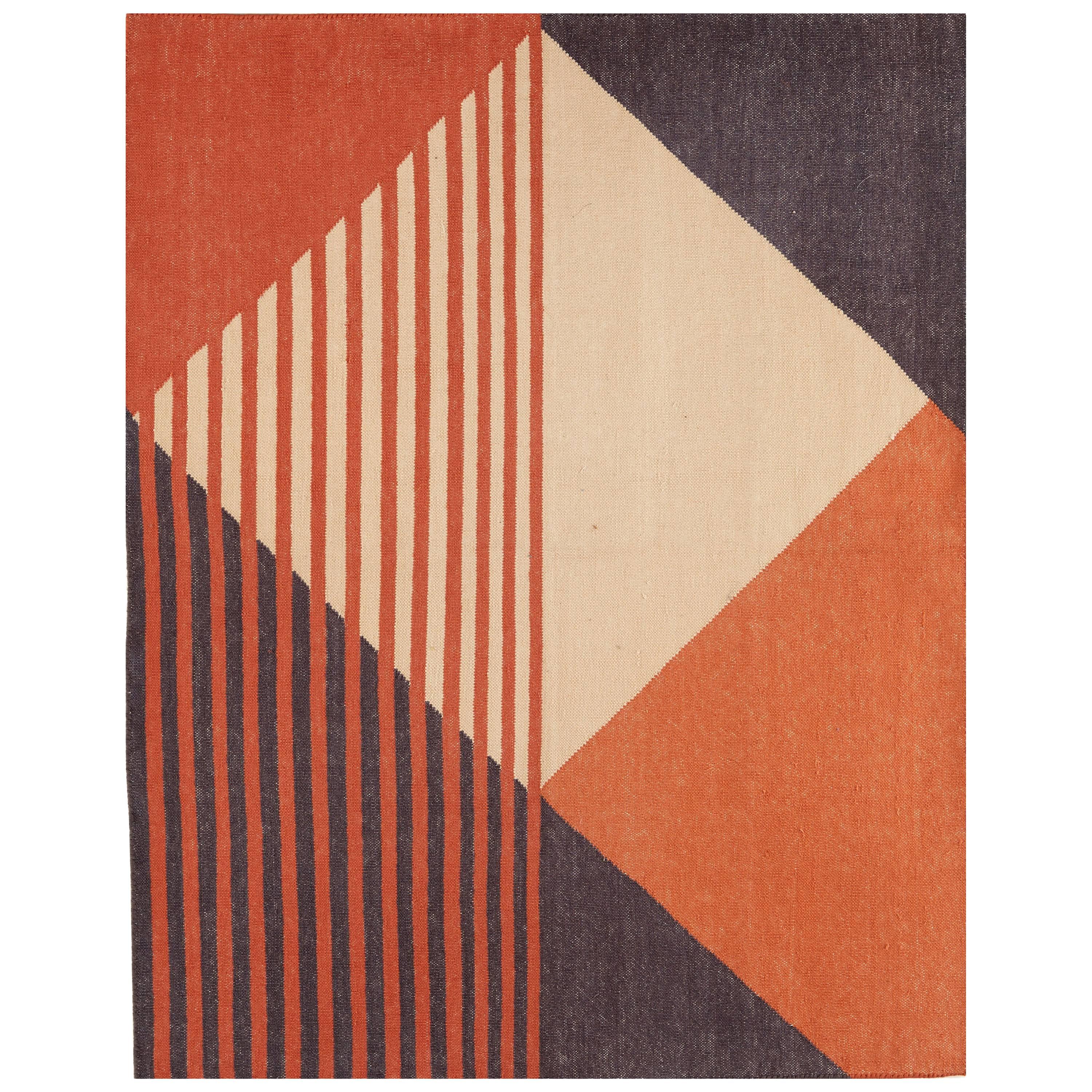 Terra, Art Deco Modernist Carpet, Flat-Weave Dhurrie Rug in Handwoven Cotton For Sale