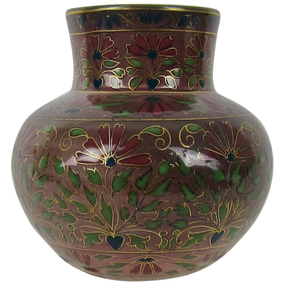 Victorian Zsolnay Pecs Porcelain Faience Vase in Jewel Toned Cloisonne-Style