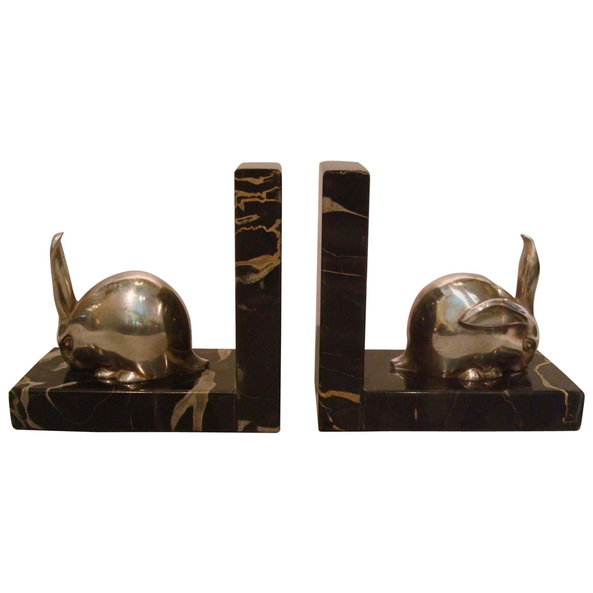 Art Deco Silvered Bronze Rabbit Bookends, Edouard-Marcel Sandoz