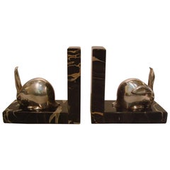 Antique Art Deco Silvered Bronze Rabbit Bookends, Edouard-Marcel Sandoz