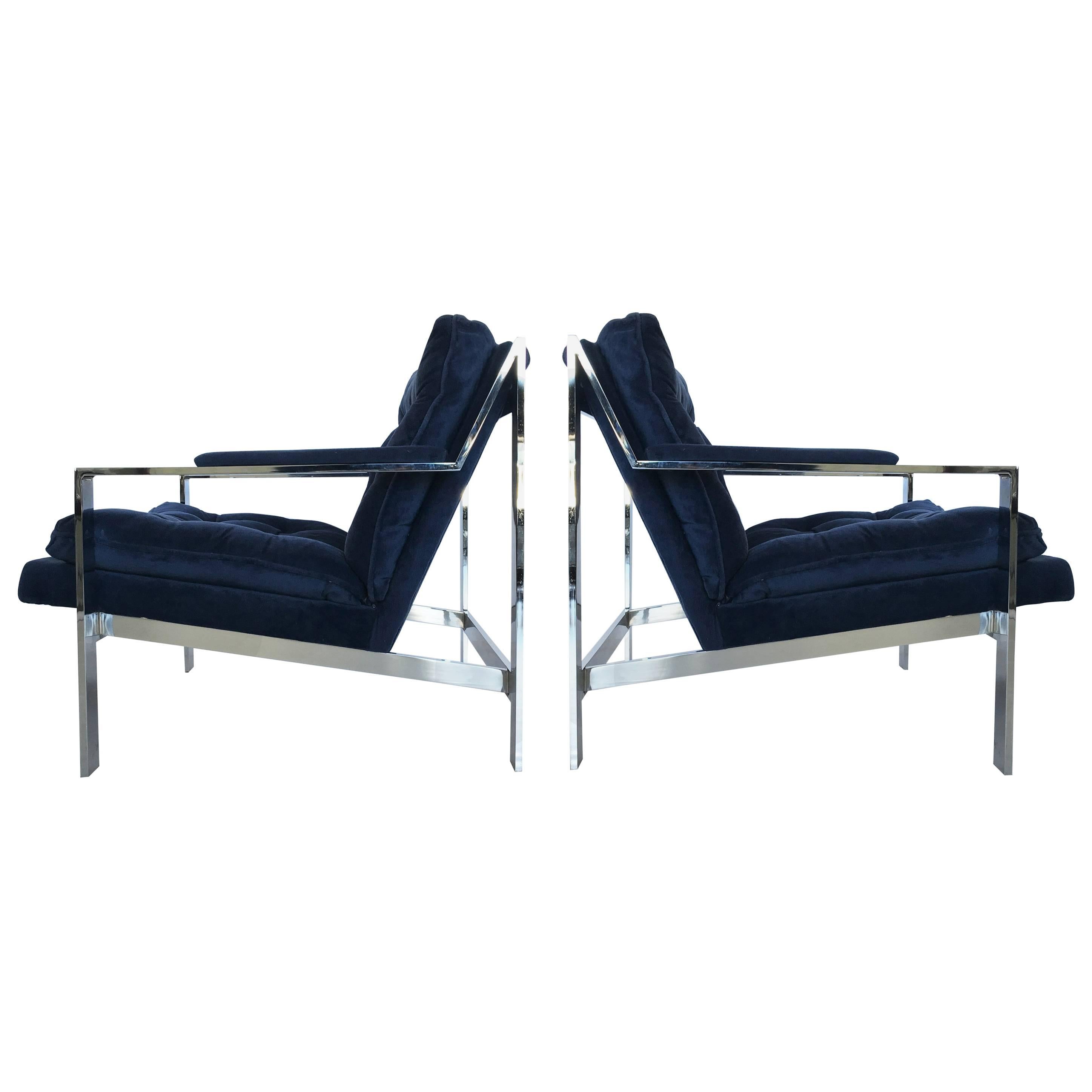 Pair of Chrome Flat Bar Lounge Chairs by Cy Mann For Sale