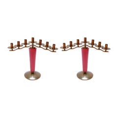 Pair of 1940s French Art Deco Brass and Red Wood Candleholders