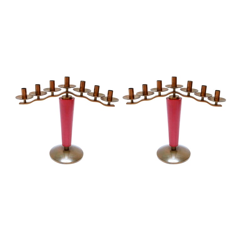 Pair of 1940s French Art Deco Brass and Red Wood Candleholders For Sale