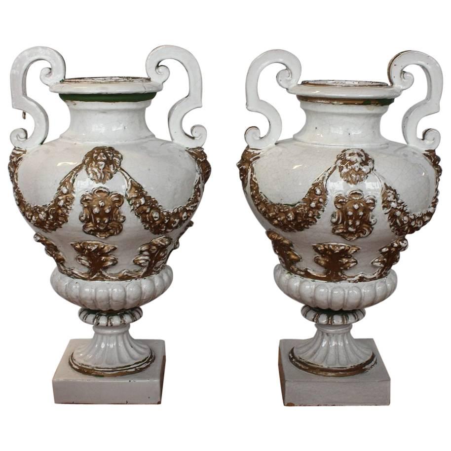 Antique Italian Hand-Painted Glazed Terracotta Urns