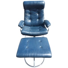 Vintage  Leather Recliner Lounge Chair and Ottoman in Blue