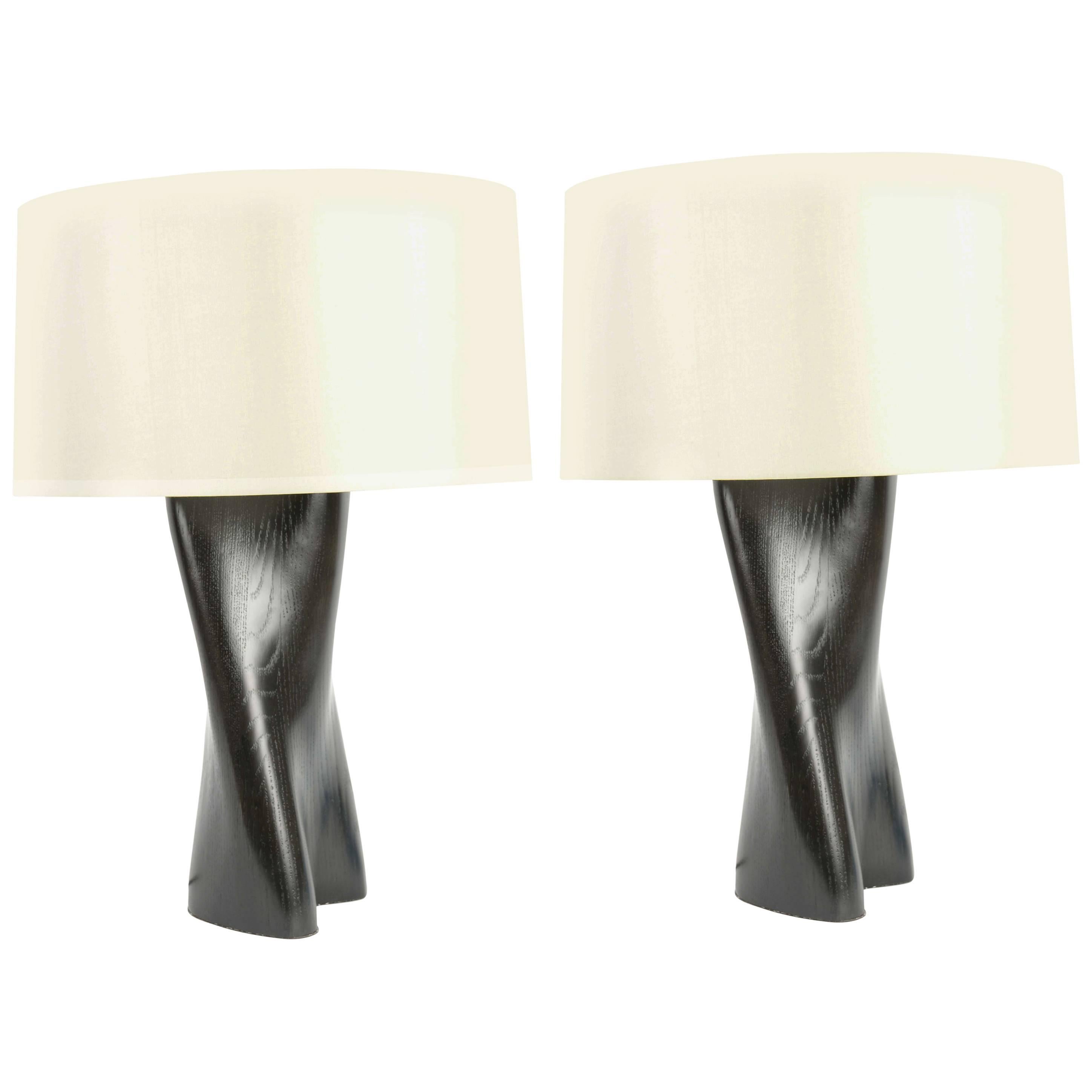 Pair of Artisan Hand-Carved French Oak Black Lacquered Lamps