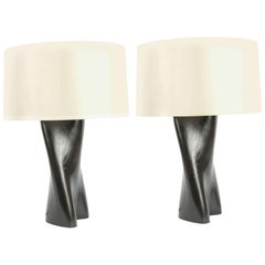 Pair of Artisan Hand-Carved French Oak Black Lacquered Lamps