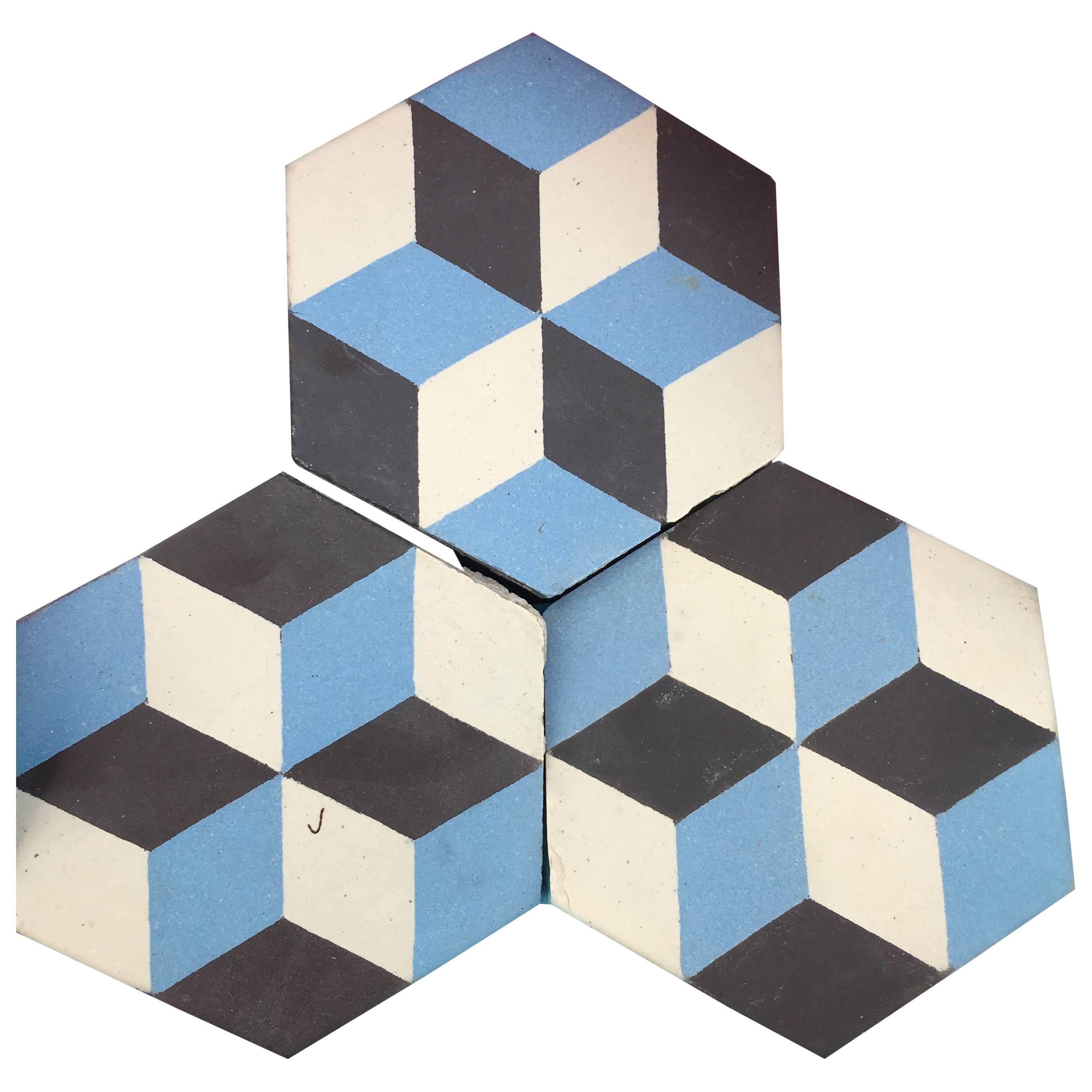 Reclaimed Geometric Flooring Tiles, circa 1900 Blue Black and White
