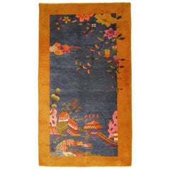 Vintage Chinese Art Deco Oriental Rug, in Small Size w/ Blue Field & Gold Border