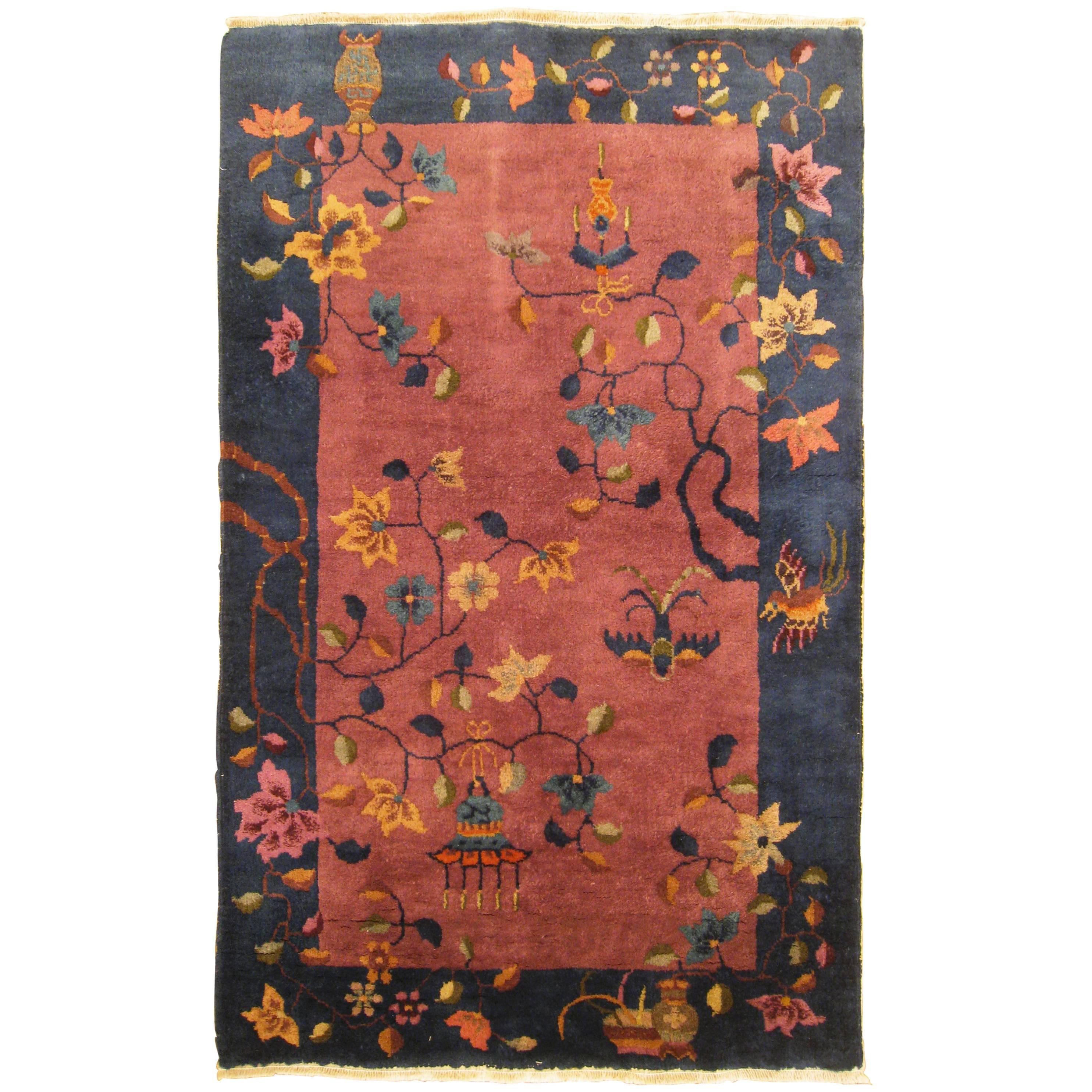Antique Chinese Art Deco Oriental Rug, in Small Size with Various Chinese Motifs