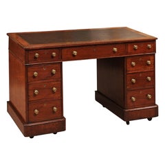 Mid-19th Century English Kneehole Desk in Mahogany with Leather Top & 8 Drawers