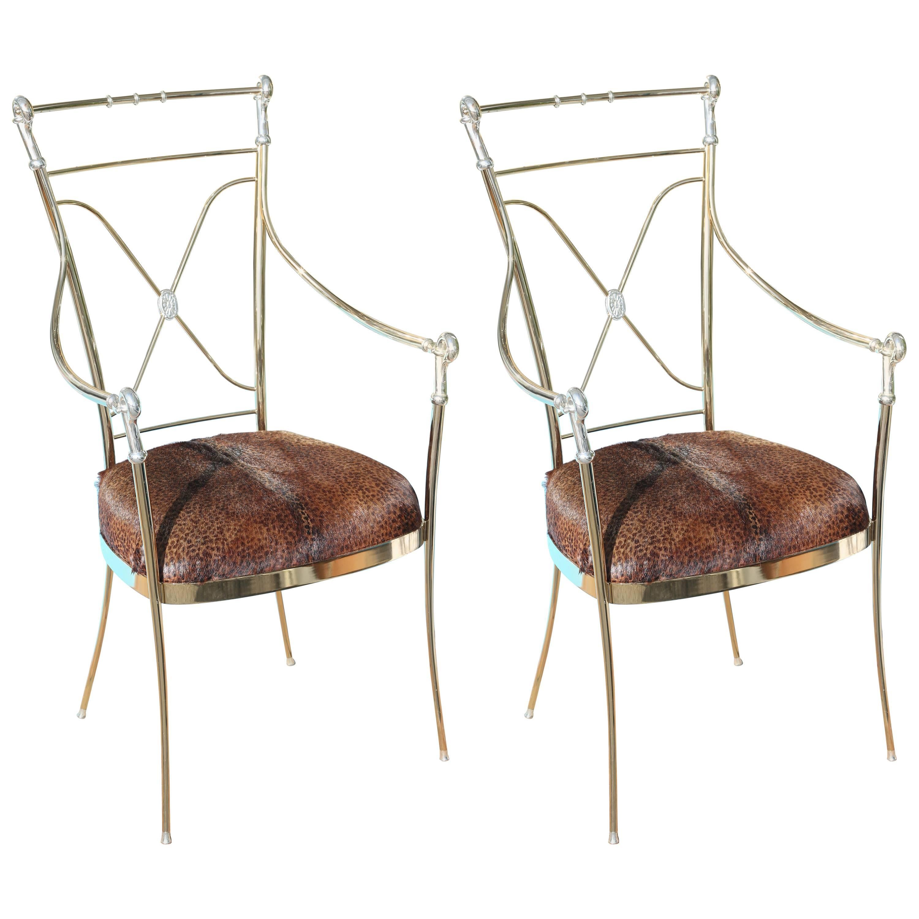 Pair of Hollywood Regency Midcentury Brass and Chrome Armchairs