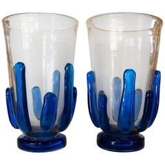 Pair of Large Murano Glass Vases Attributed with Blue Accents