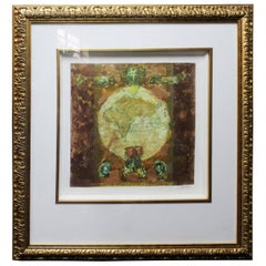 Mixed-Media 'Globe' Artwork by S.Sokol Hohne Set in Carved Giltwood Frame