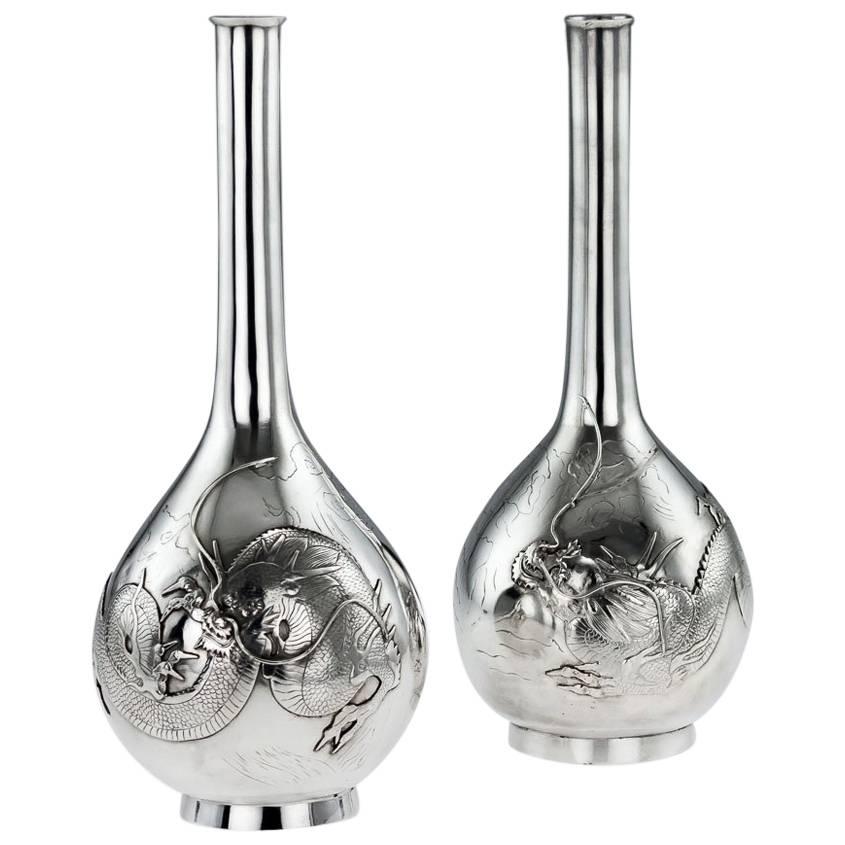 Antique 20thC Japanese Export Solid Silver Pair of Dragon Vases, circa 1910