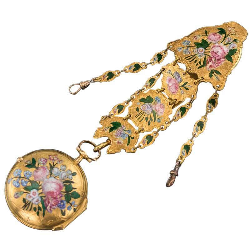 English 18-carat Gold and Enamel Open-Faced Verge Watch Chatelaine, circa 1700