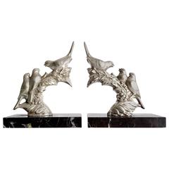 French Art Deco Silver Plated Bronze Birds Bookends by Frecourt 3