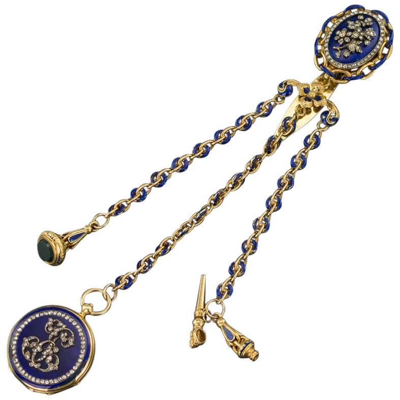 Antique French 18-Karat Gold, Enamel & Diamond-Set Watch Chatelaine, circa 1900