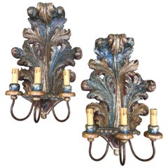 Pair of Italian Sconces 1930s Blue Acanthus Leaf Carved Pine Three-Armed Lights