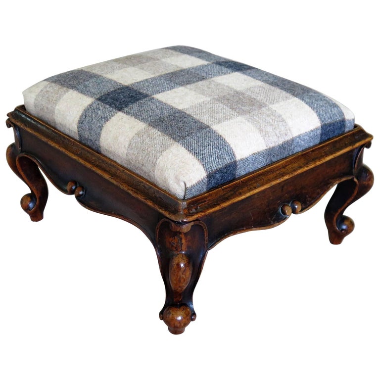 Mid-Victorian Mahogany Footstool Cabriole Legs Wool Mix Fabric Top