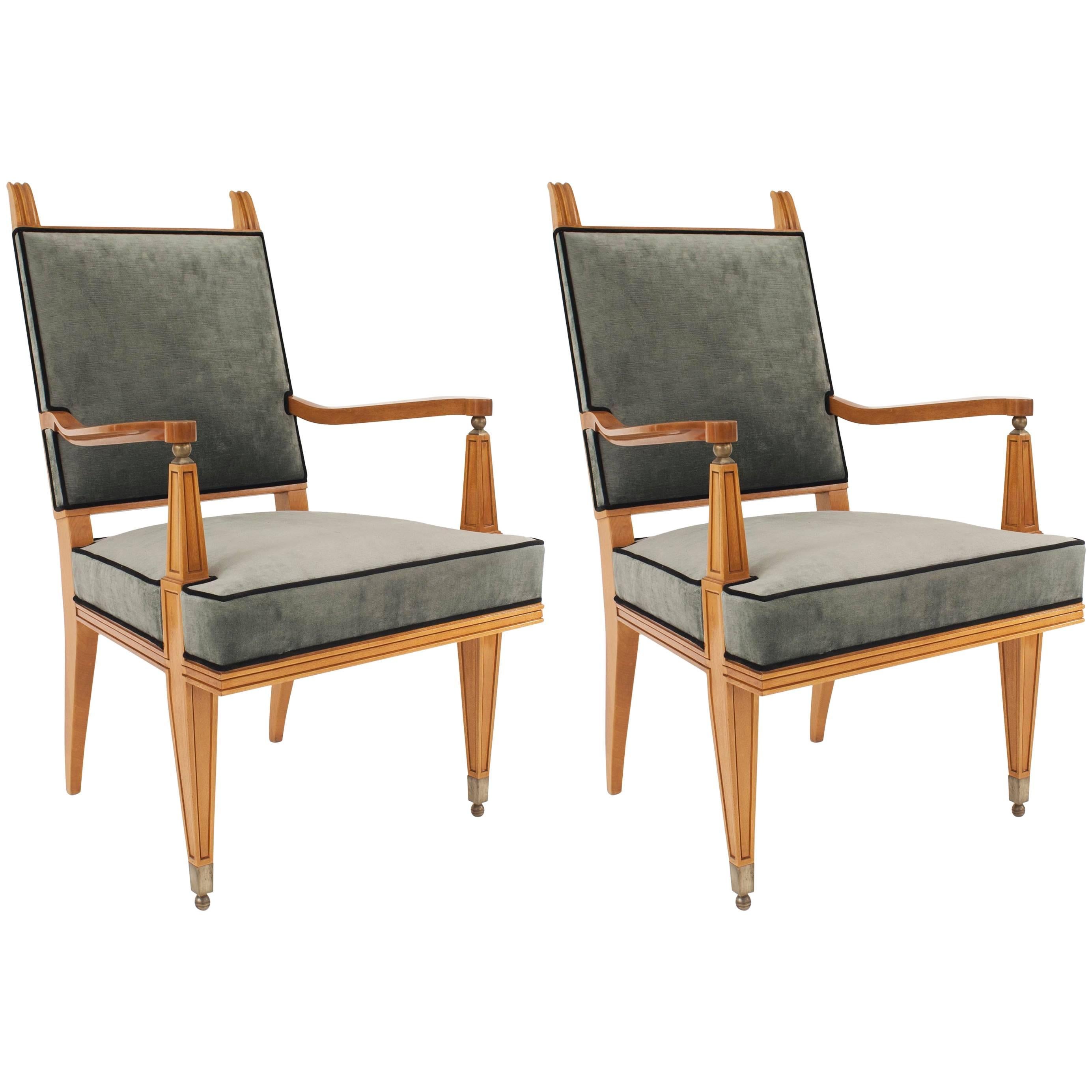 Pair French Mid-century Arm Chairs, Attrib. to Lucien Rollin