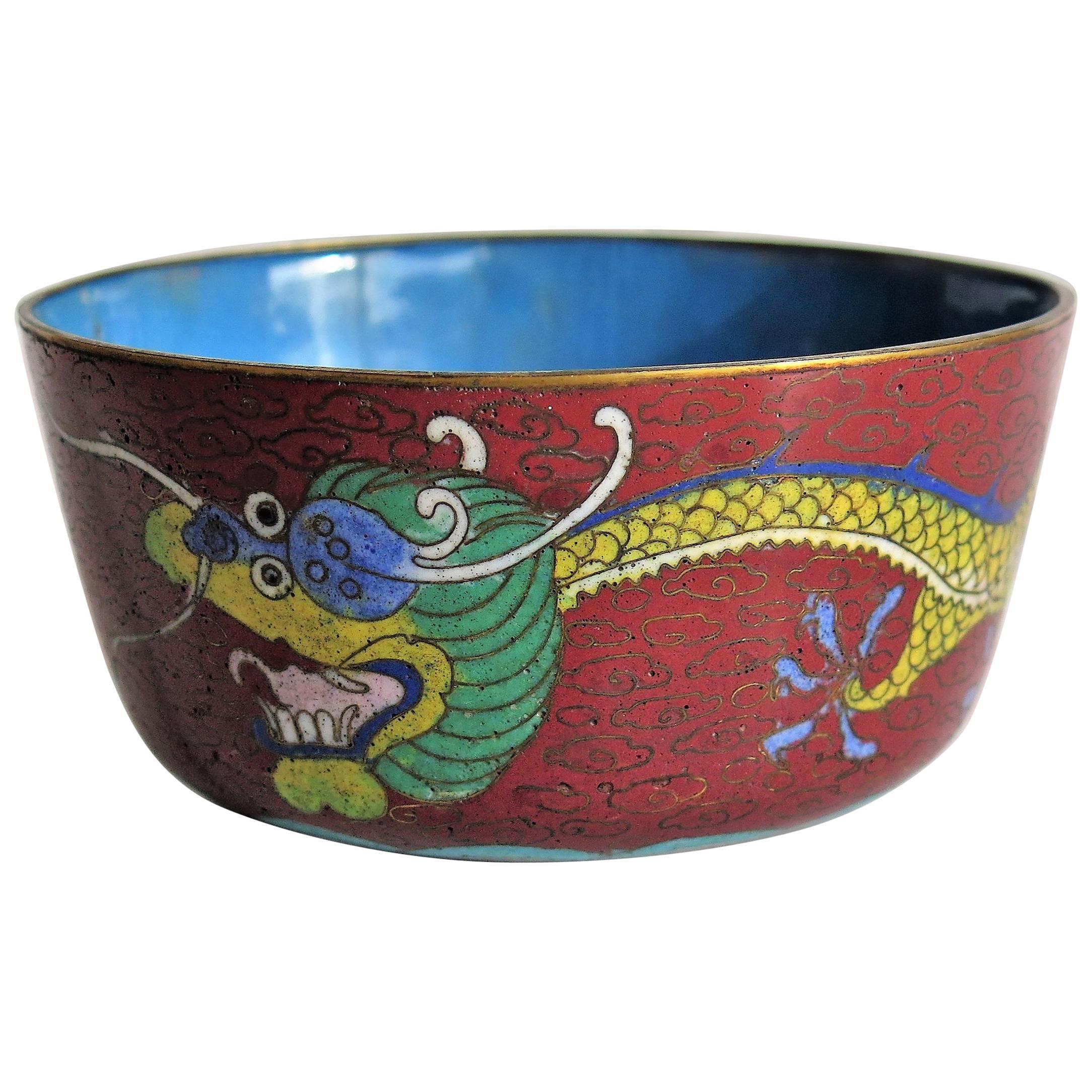 Chinese Cloisonné Dragon Drinking Bowl Rounded Peony Base, Mid-19th Century