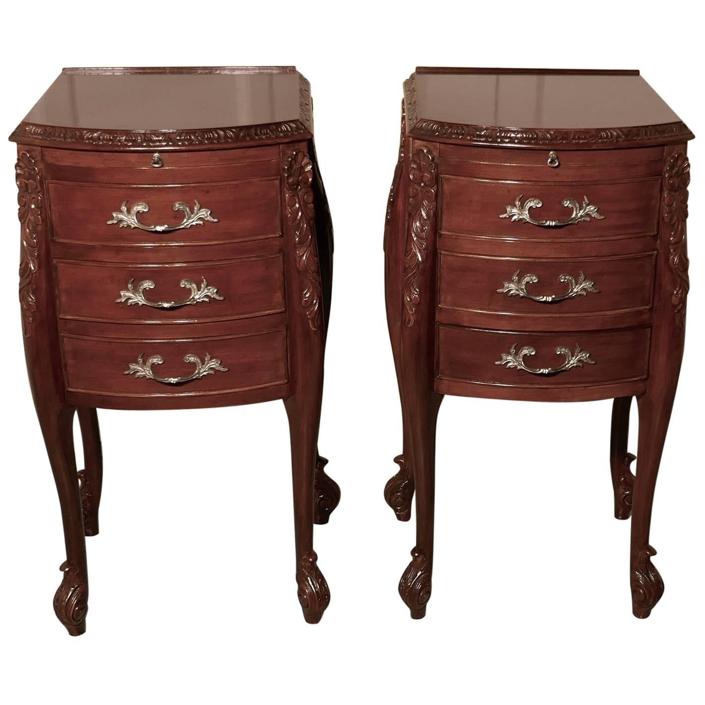 Pair of French Walnut and Ormolu Three-Drawer Bedside Cabinets