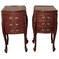 Antique Pair of French Walnut and Ormolu Three-Drawer Bedside Cabinets