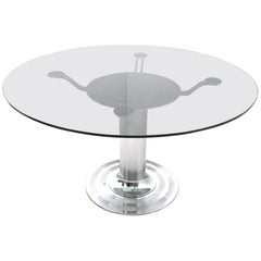 Postmodern Chromed Metal Dining Table with a Round Tempered Glass Top, Italy