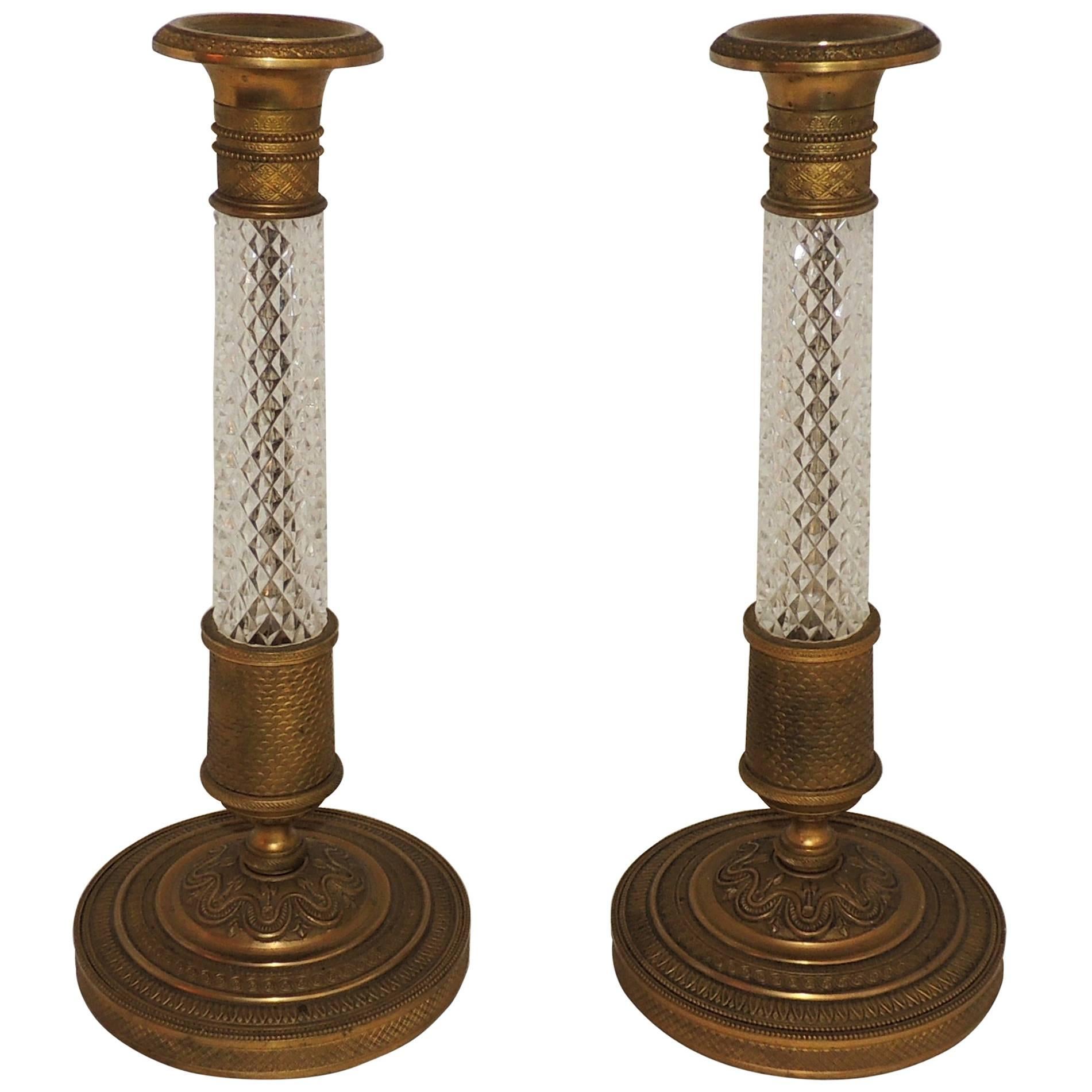Fine Pair of French Empire Dore Bronze & Cut Crystal Ormolu-Mounted Candlesticks